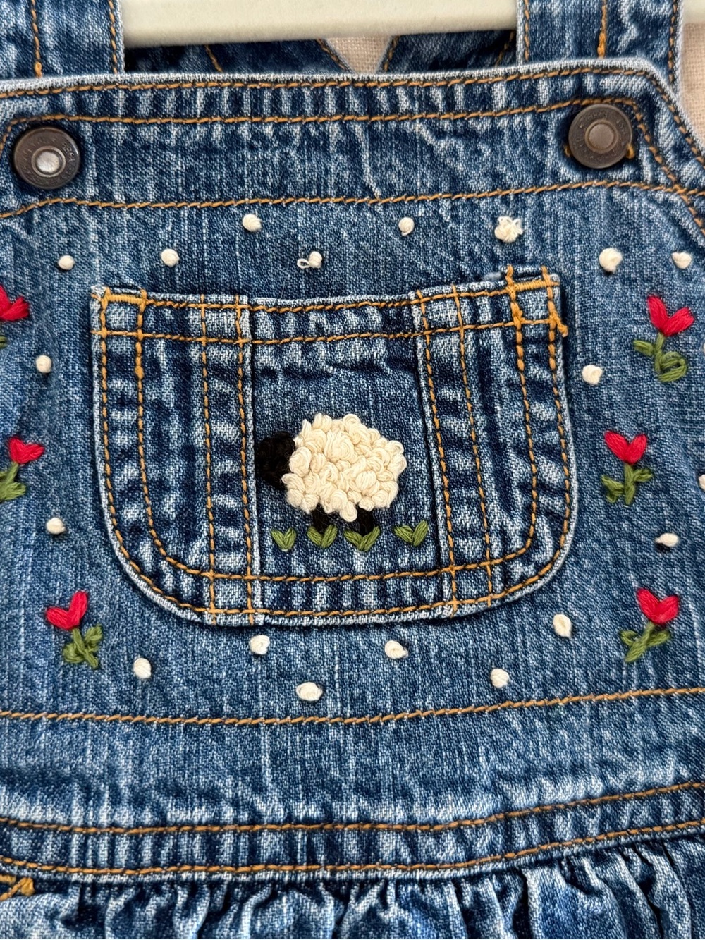 Hand Embroidered Denim Bib Overalls Dress 12-18 months boutique style toddler.